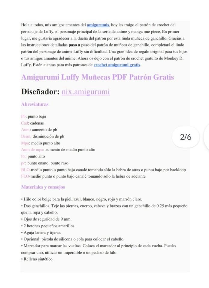 Patrón de Amigurumi Luffy en PDF de Muñecas Gratis