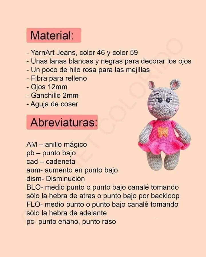 Patrón de hipopótamo amigurumi con vestido rosa gratis.