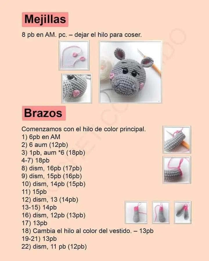 Patrón de hipopótamo amigurumi con vestido rosa gratis.