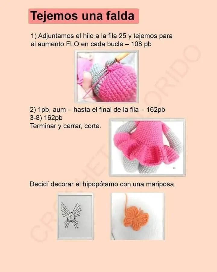 Patrón de hipopótamo amigurumi con vestido rosa gratis.