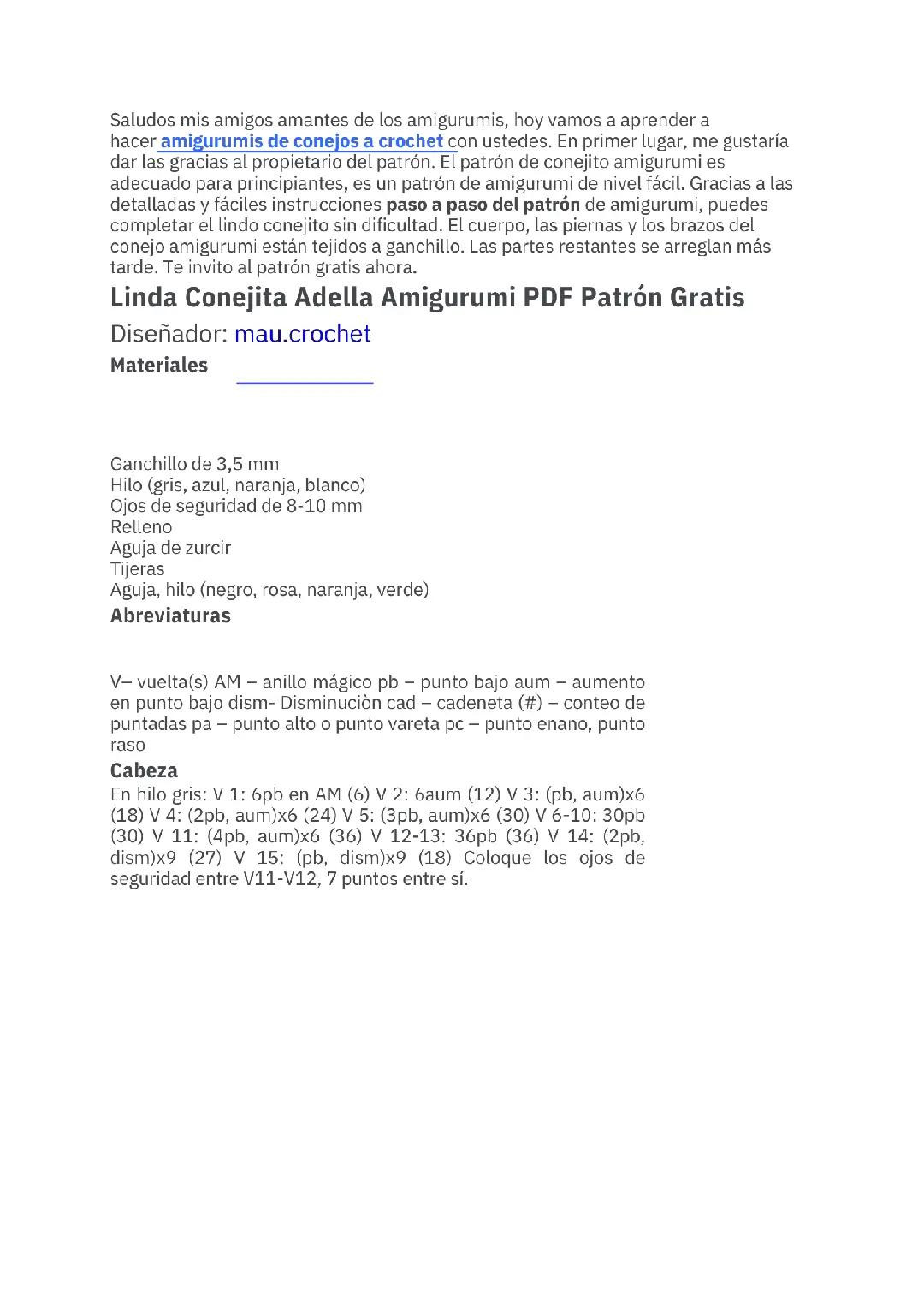 Patrón gratis de conejita adorable en español