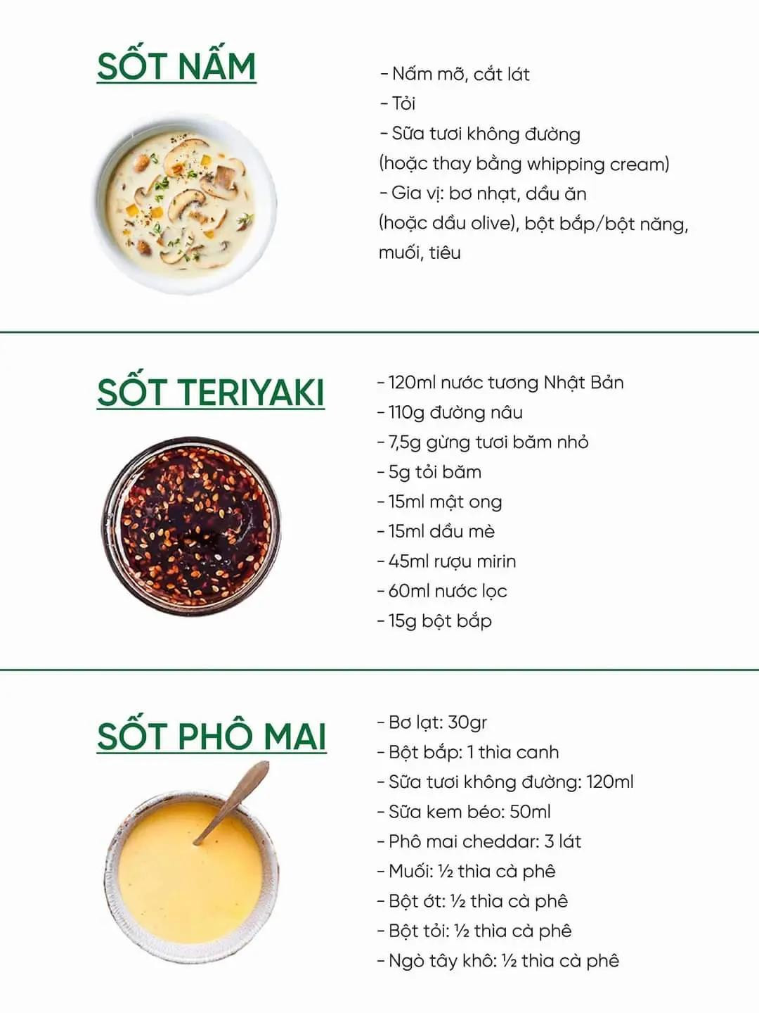 Tổng hợp công thức sốt, sốt nấm, sốt teriyaki sốt phô mai, sốt salsa verde, sốt tiêu đen, sốt besarnaise, sốt bơ tỏi, sốt blue cheese