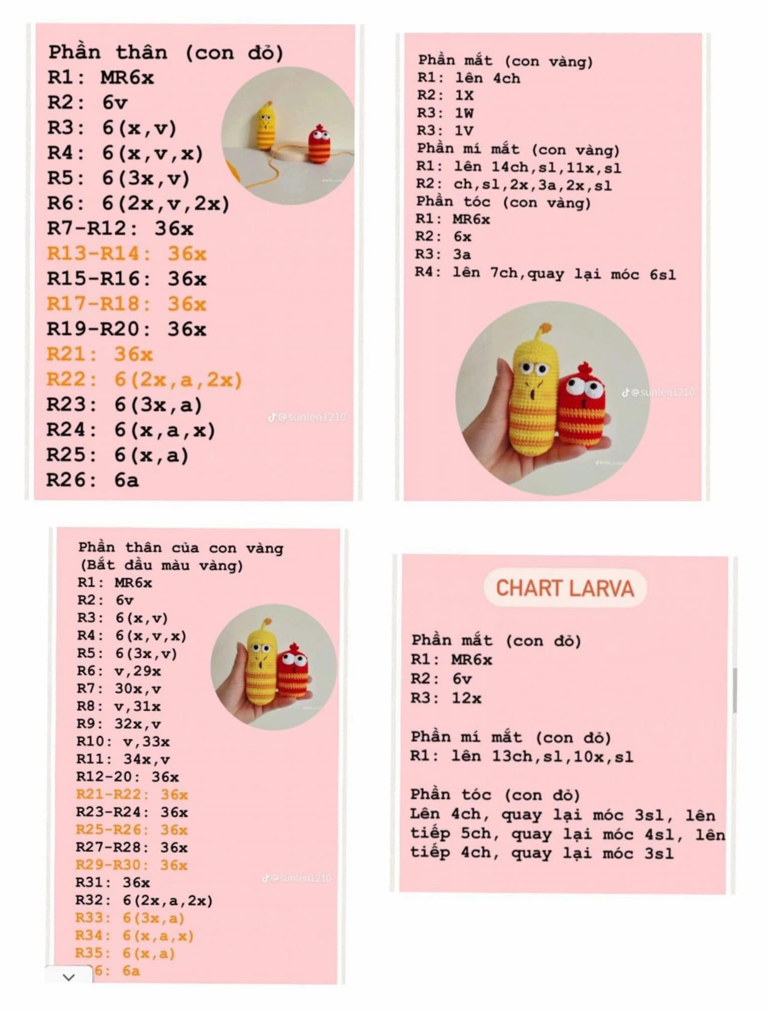 Tự làm búp bê larva dễ thương từ len với chart đơn giản