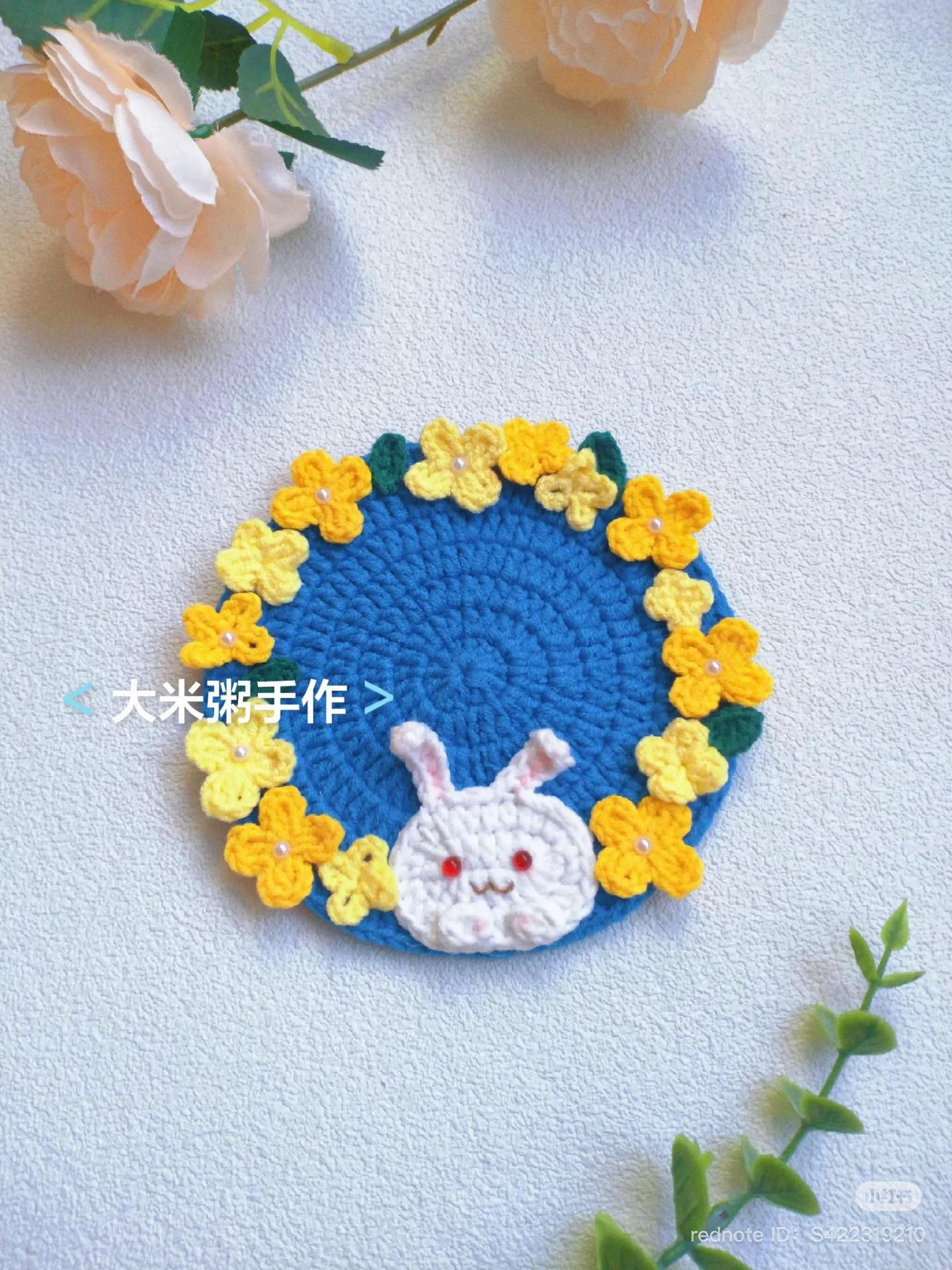 Whimsical Crochet Coasters Featuring Bunnies and Flowers in Various Colors