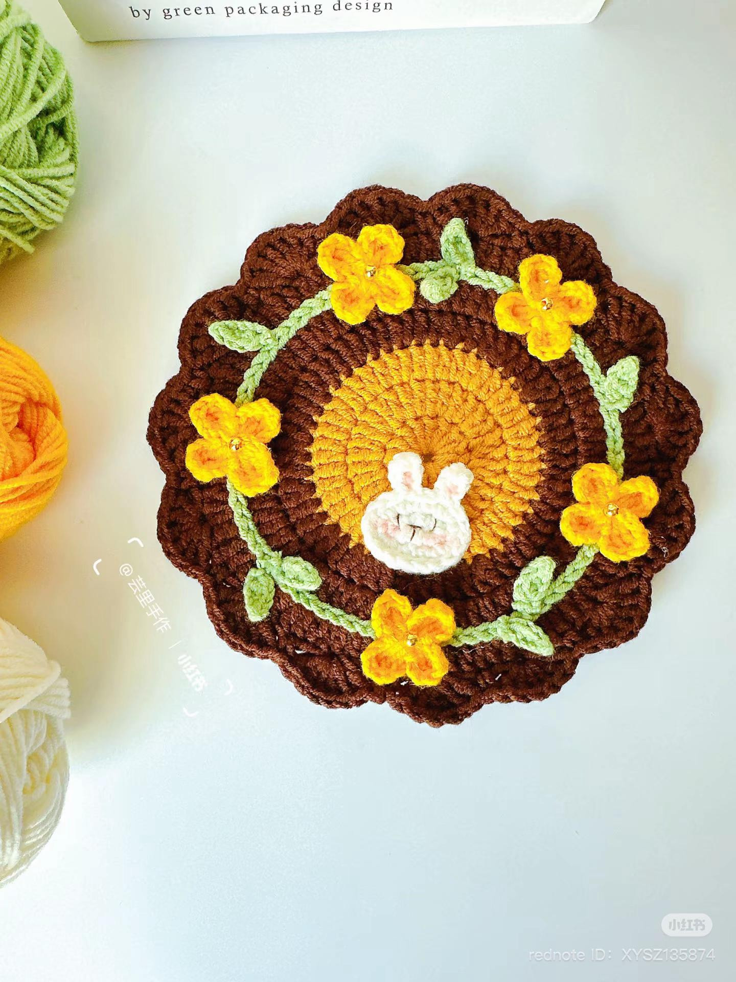 Whimsical Crochet Coasters Featuring Bunnies and Flowers in Various Colors