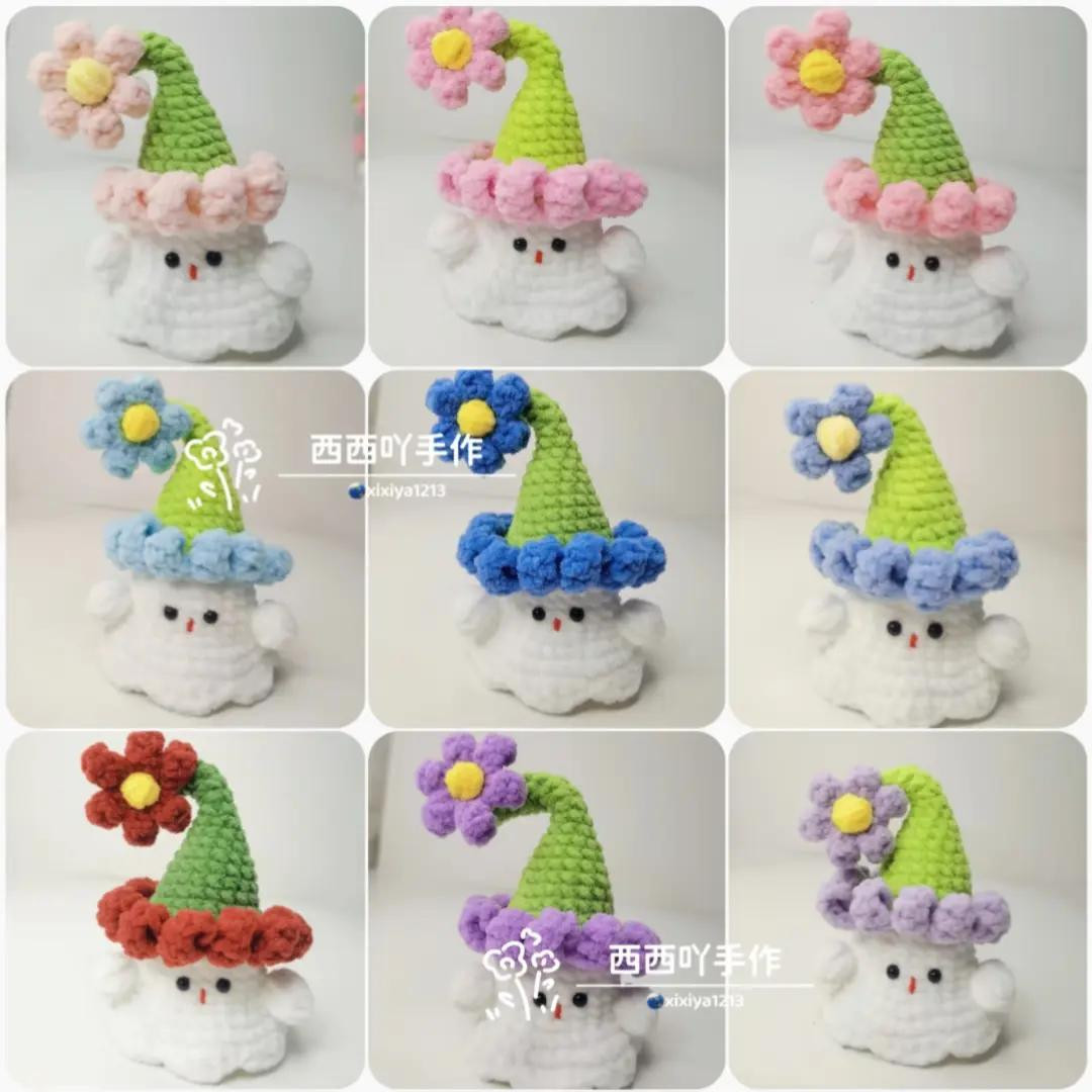 Adorable Crochet Ghosts with Colorful Flower Hats