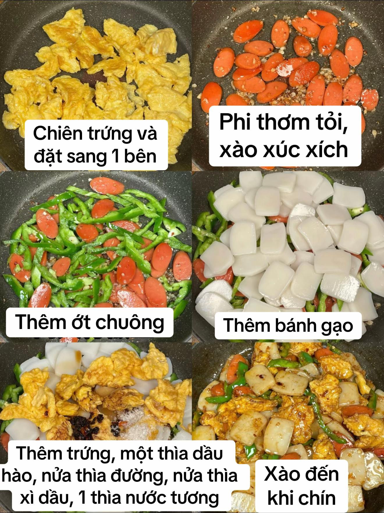 Bánh gạo xào trứng xúc xích đậm đà hương vị