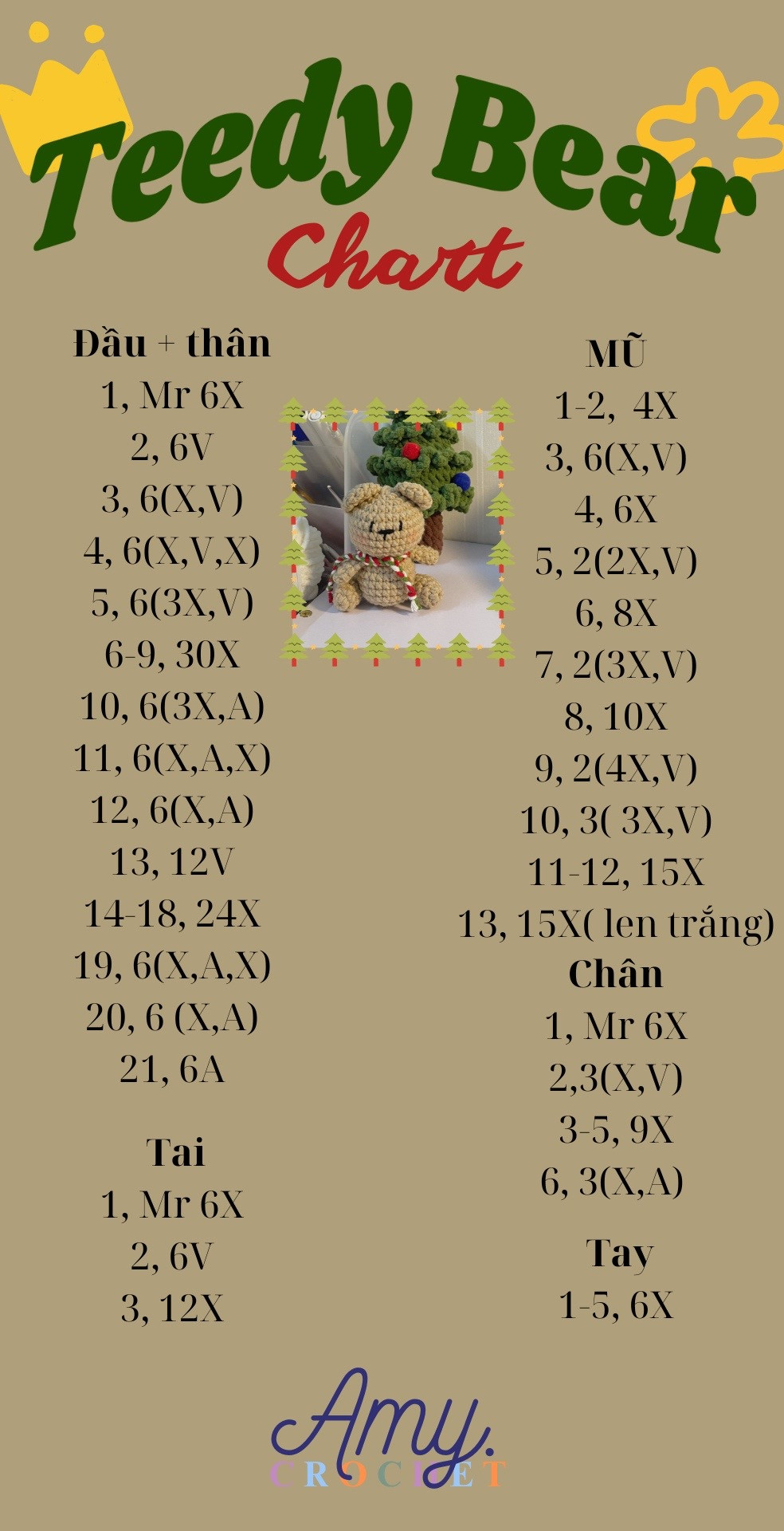 Biểu đồ móc len gấu Teddy và cây thông dễ thương