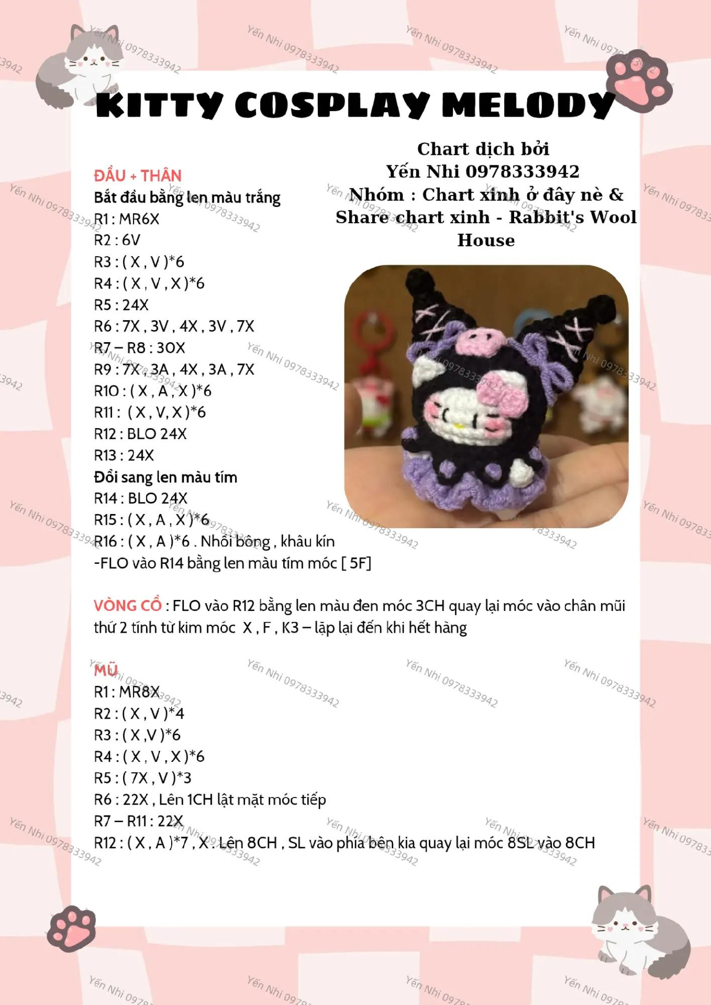 Biểu đồ móc len Kitty Cosplay Melody dễ thương