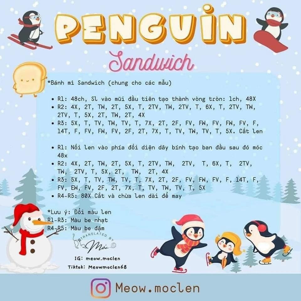 Búp bê móc len chim cánh cụt dễ thương với mũ sinh nhật