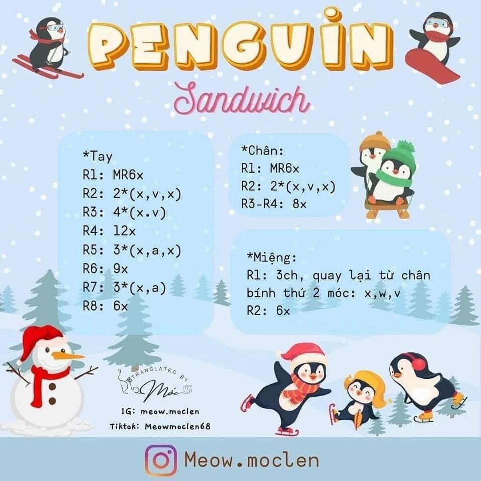 Búp bê móc len chim cánh cụt dễ thương với mũ sinh nhật