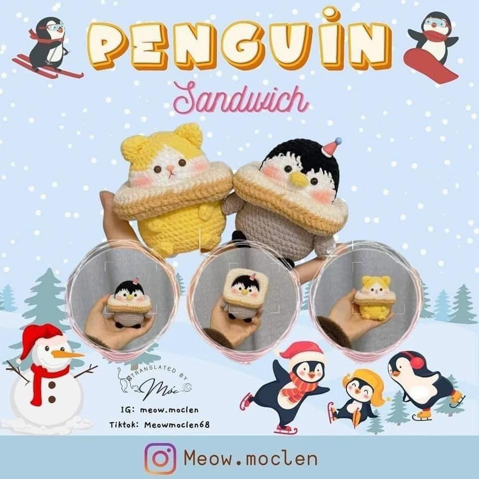 Búp bê móc len chim cánh cụt dễ thương với mũ sinh nhật