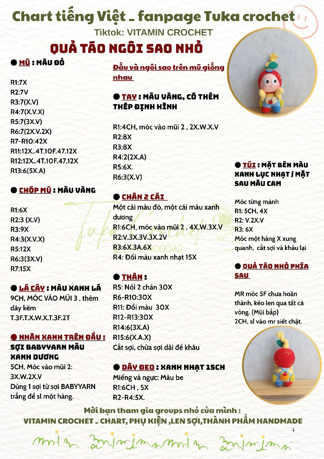 Chart móc len búp bê ngôi sao dễ thương cho fanpage Tuka crochet