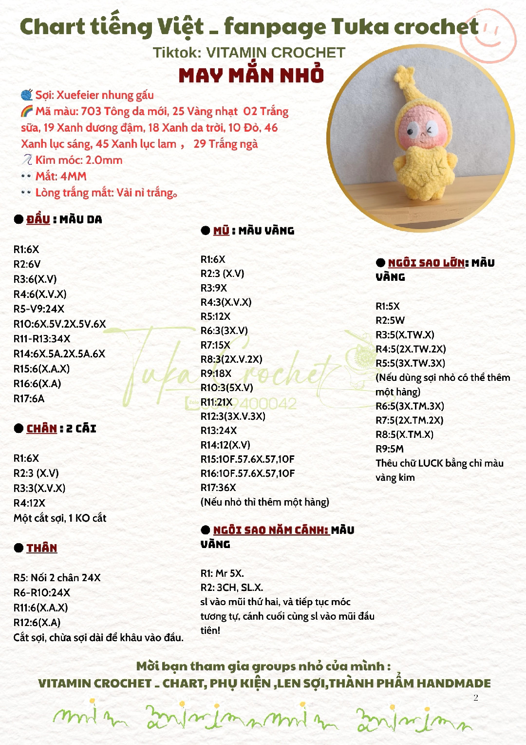 Chart móc len búp bê ngôi sao dễ thương cho fanpage Tuka crochet