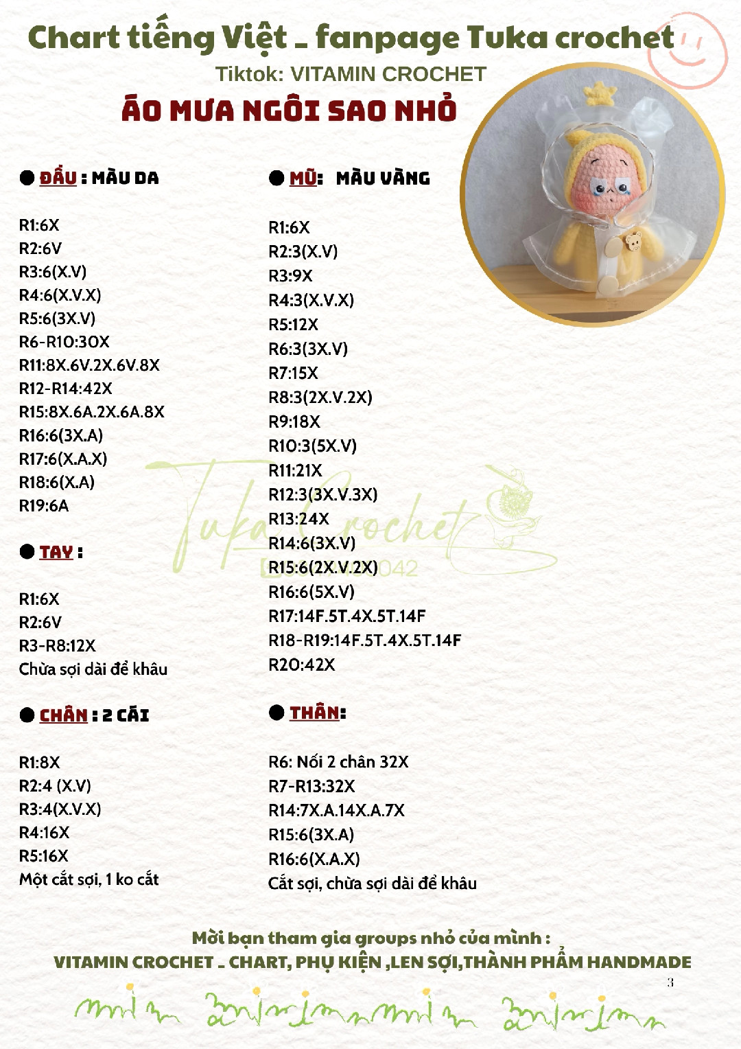 Chart móc len búp bê ngôi sao dễ thương cho fanpage Tuka crochet