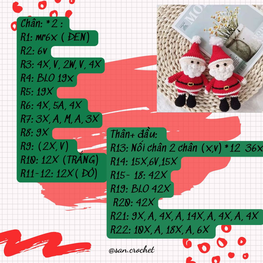 Chart móc len búp bê ông già Noel đáng yêu cho Giáng Sinh