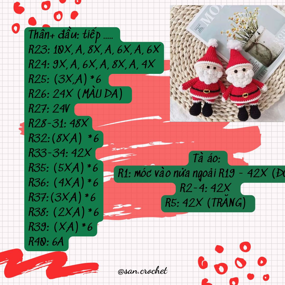 Chart móc len búp bê ông già Noel đáng yêu cho Giáng Sinh