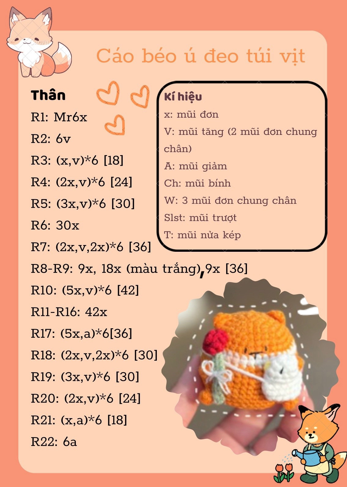 Chart móc len cáo dễ thương đeo túi vịt nổi bật