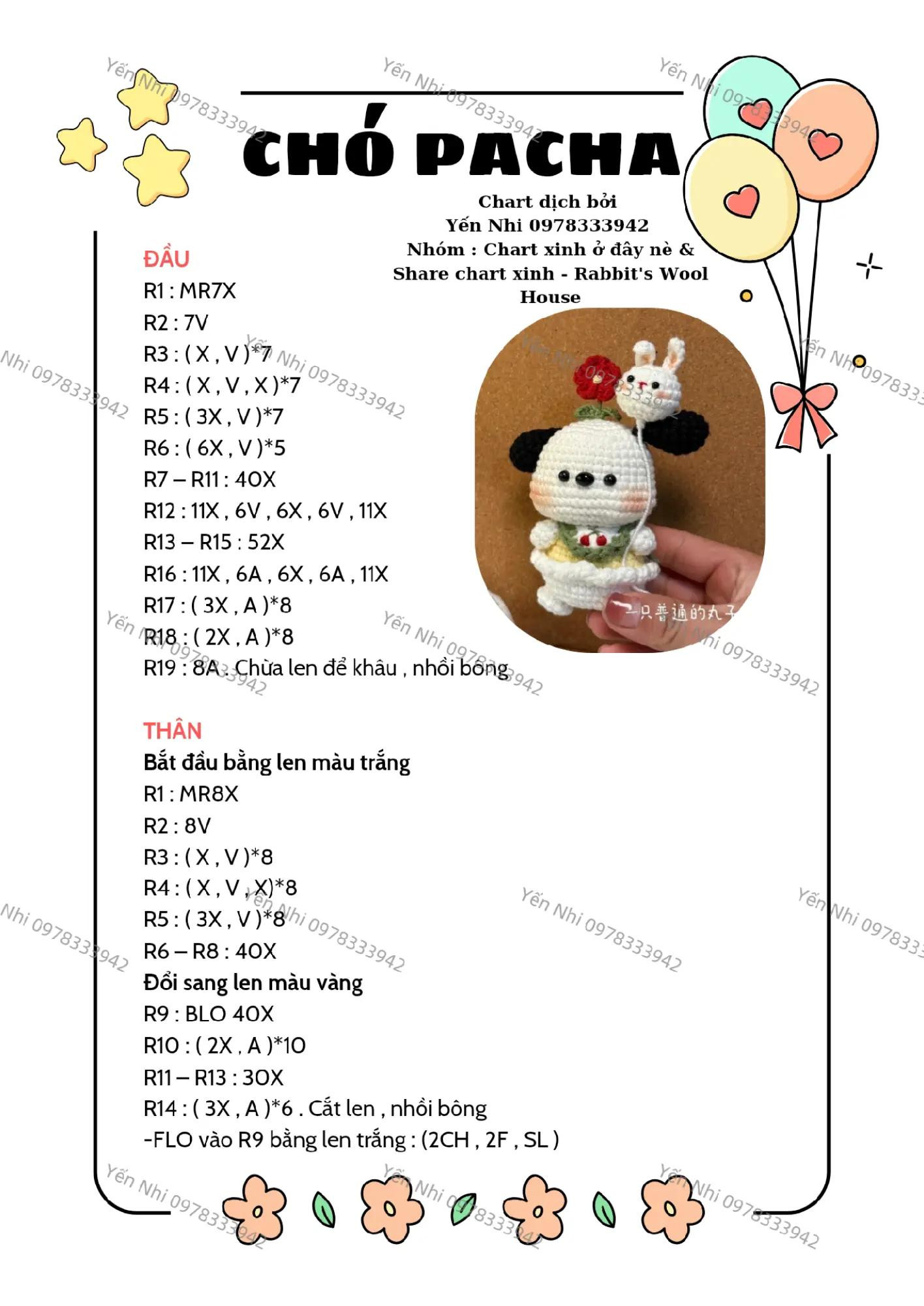 Chart móc len chó Pacha dễ thương với len baby và kim móc 2.0mm
