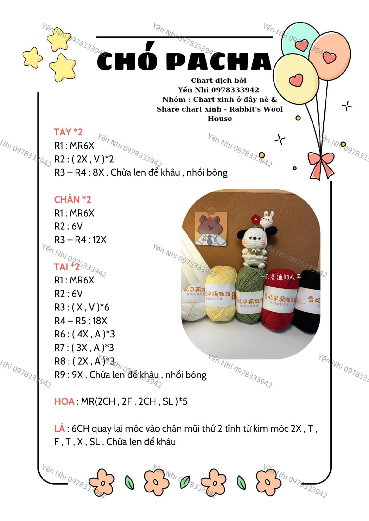 Chart móc len chó Pacha dễ thương với len baby và kim móc 2.0mm