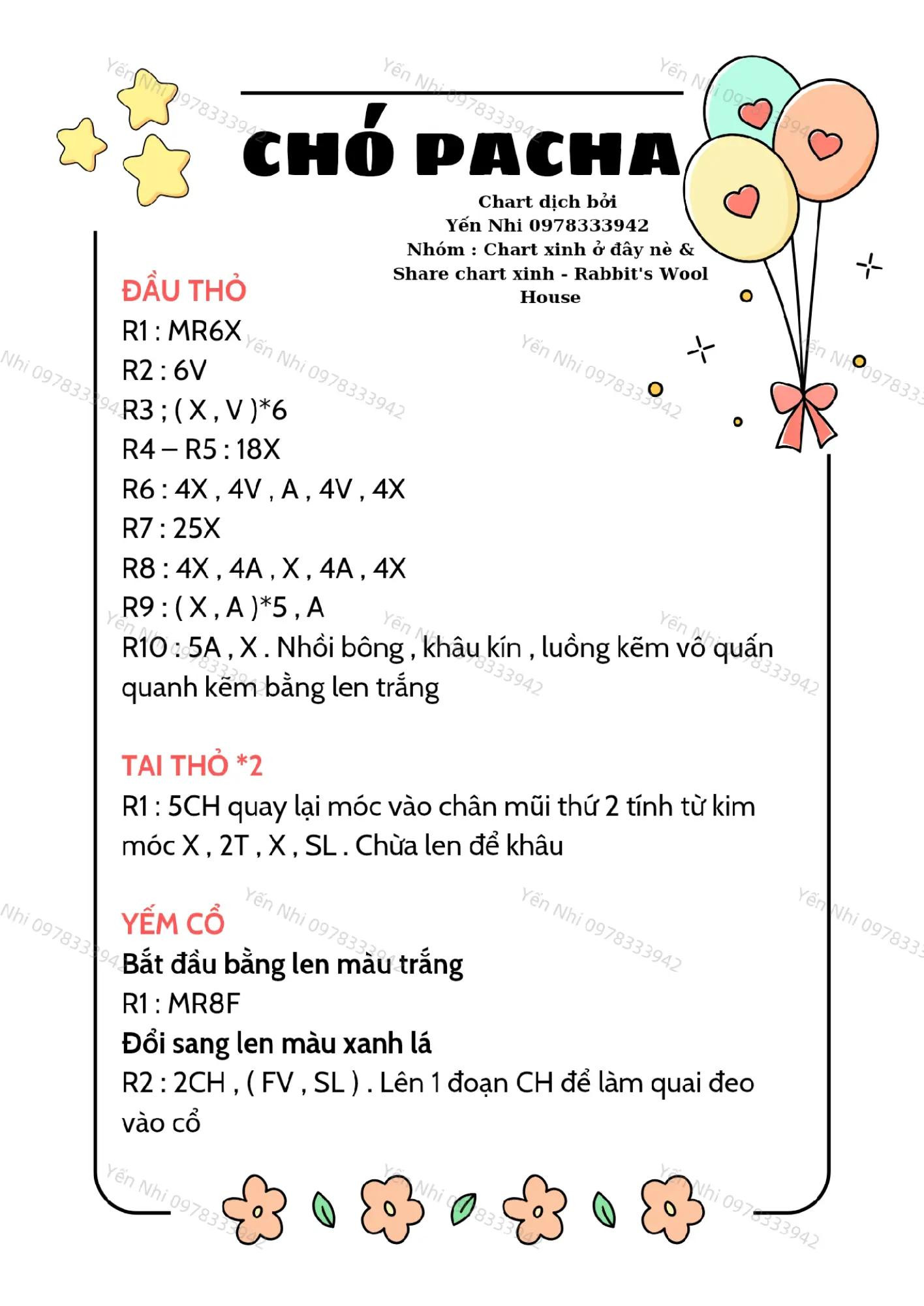 Chart móc len chó Pacha dễ thương với len baby và kim móc 2.0mm