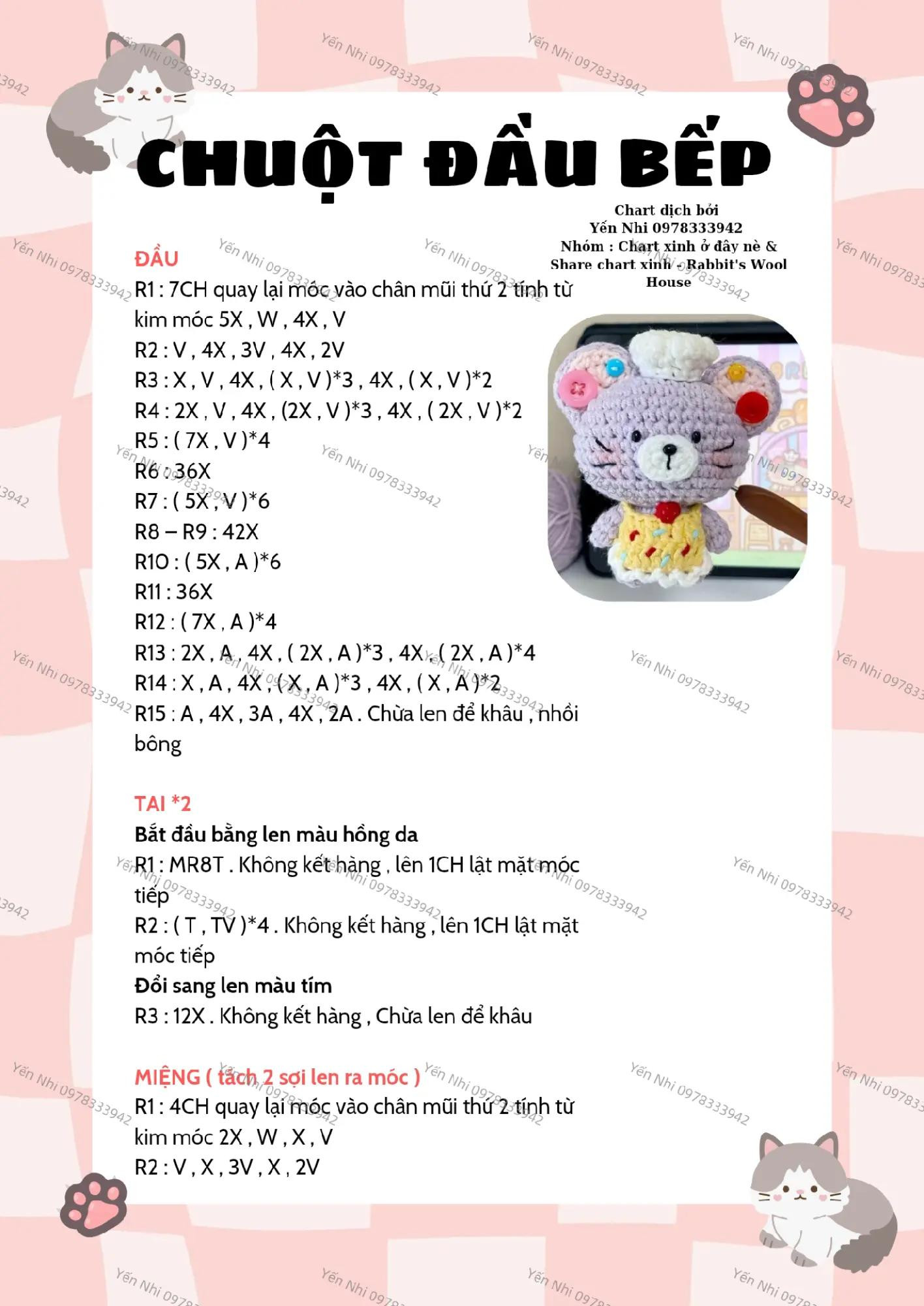 Chart móc len chuột đầu bếp dễ thương cho người mới bắt đầu