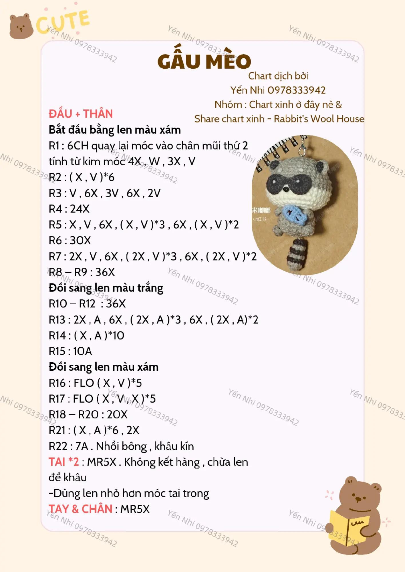 Chart móc len gấu trúc đỏ và gấu mèo siêu dễ thương