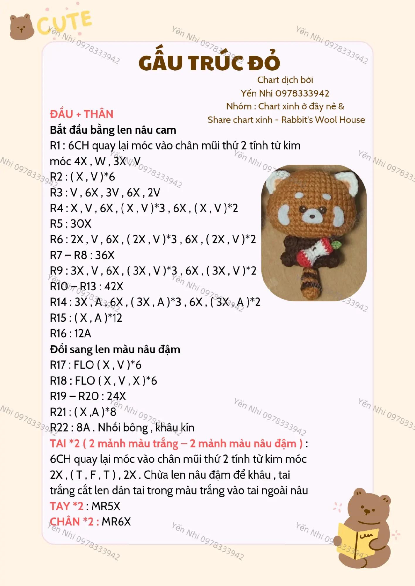 Chart móc len gấu trúc đỏ và gấu mèo siêu dễ thương