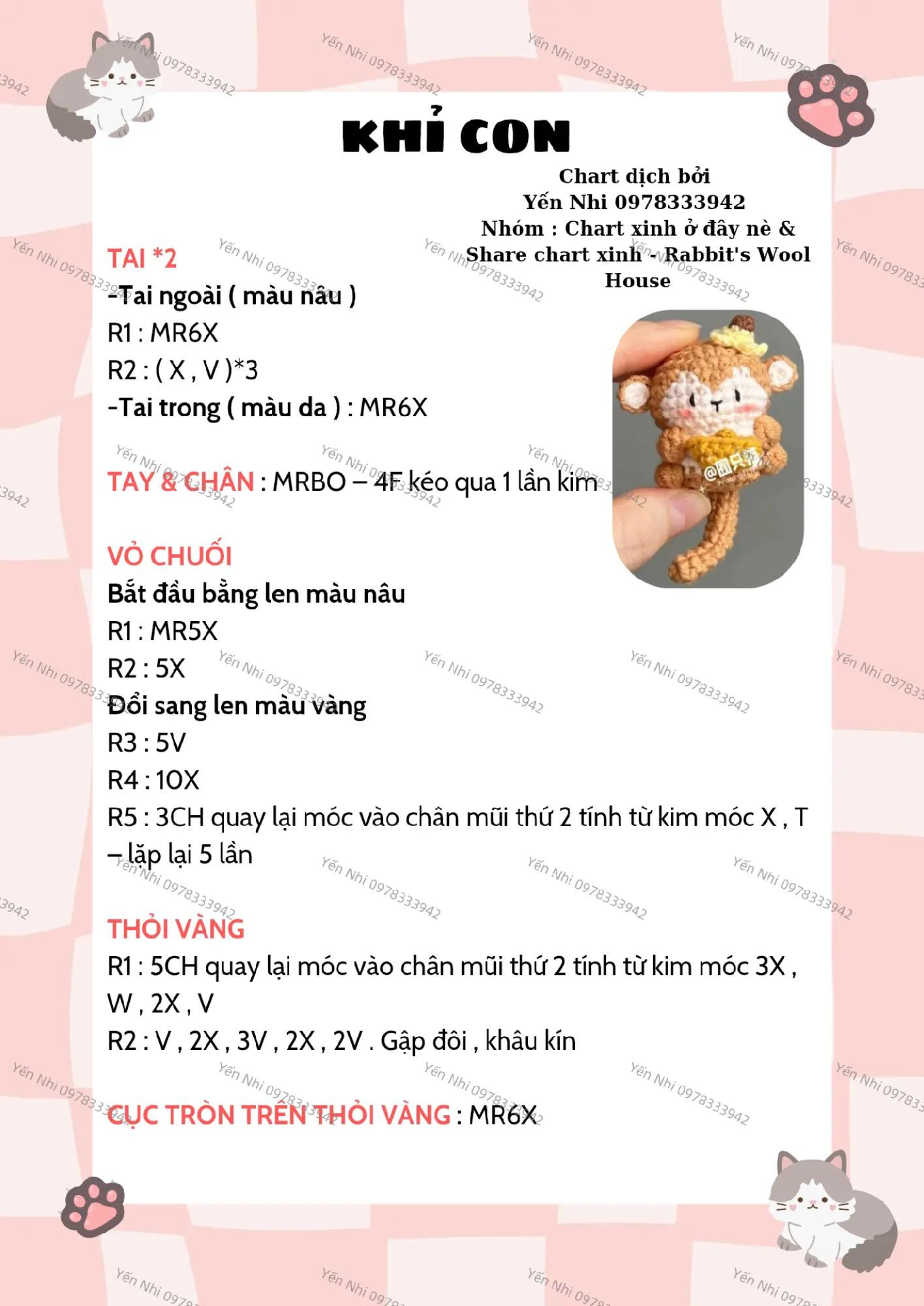 Chart móc len hình khỉ con dễ thương cho người mới bắt đầu