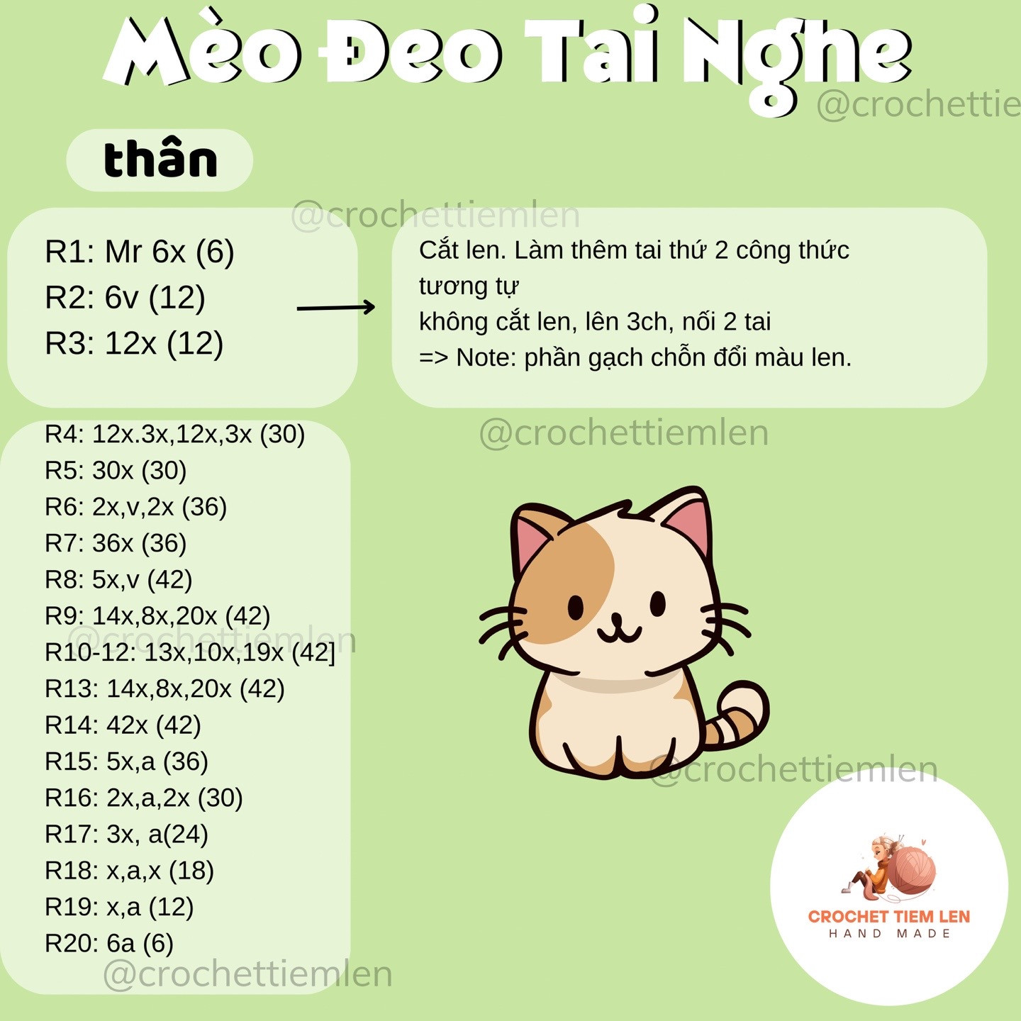 Chart móc len hình tai nghe mèo dễ thương cho người mới bắt đầu