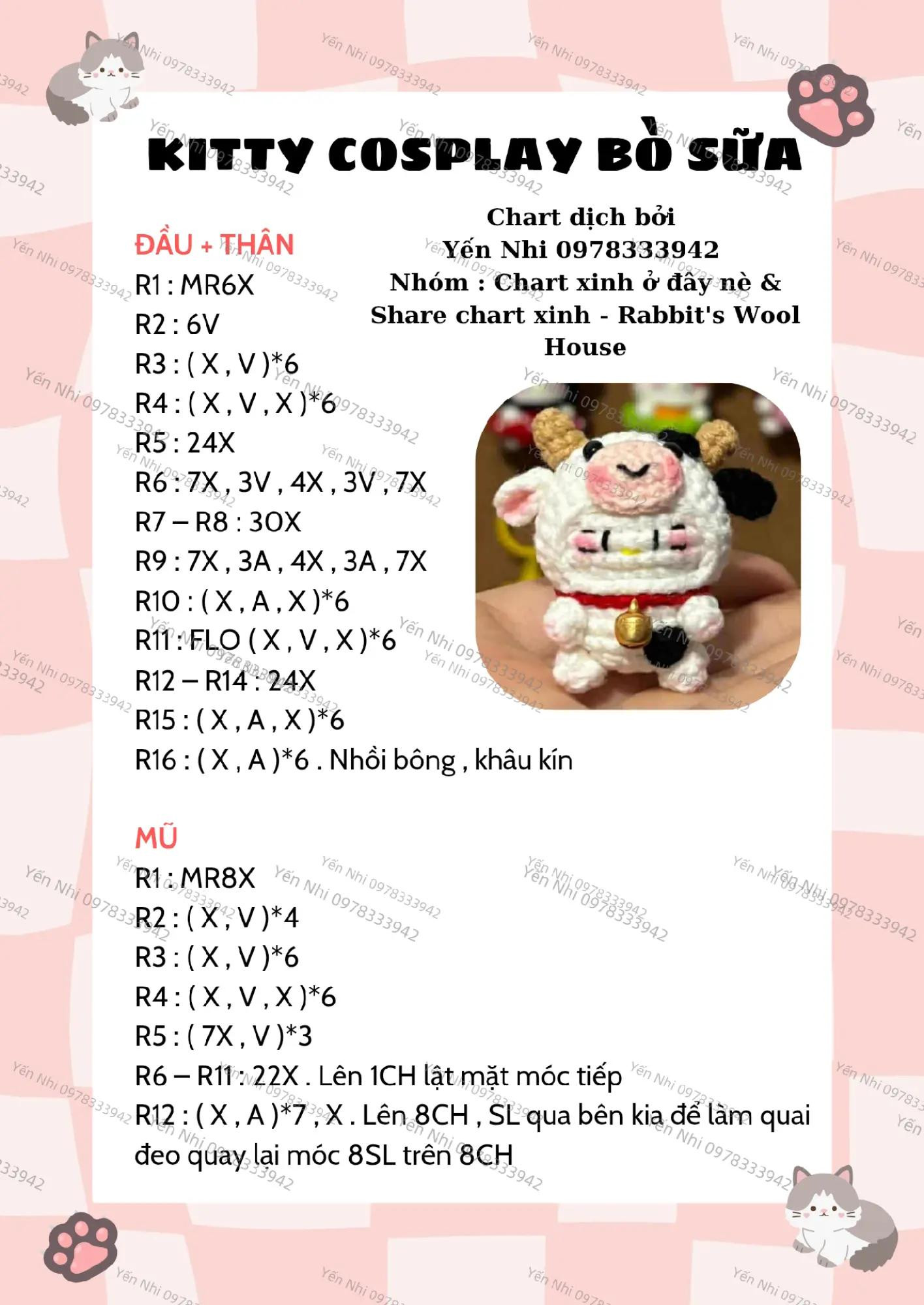 Chart móc len Kitty cosplay bò sữa dễ thương