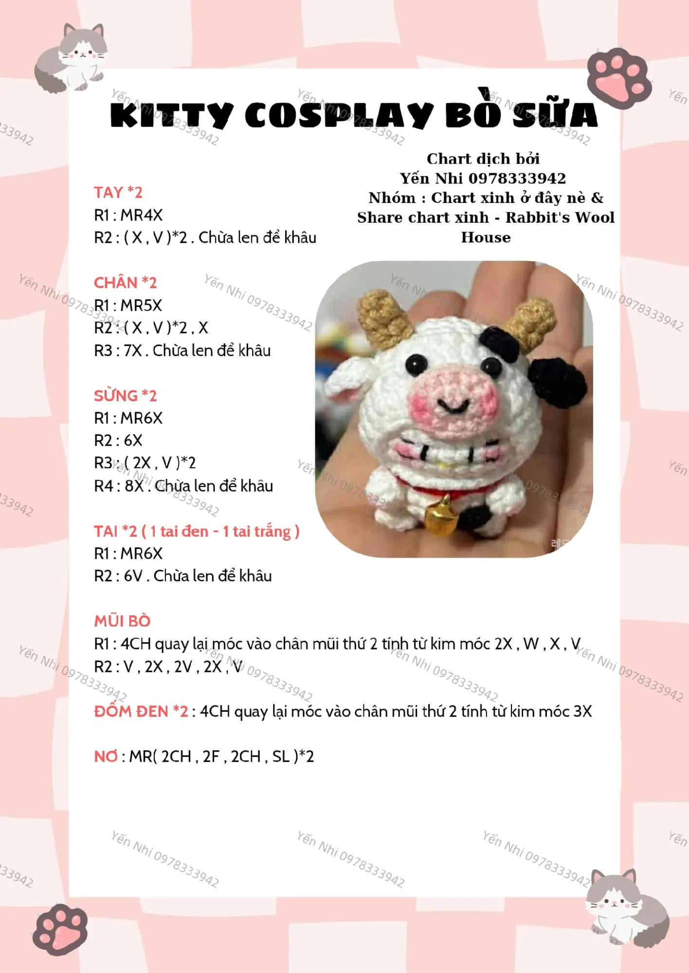 Chart móc len Kitty cosplay bò sữa dễ thương