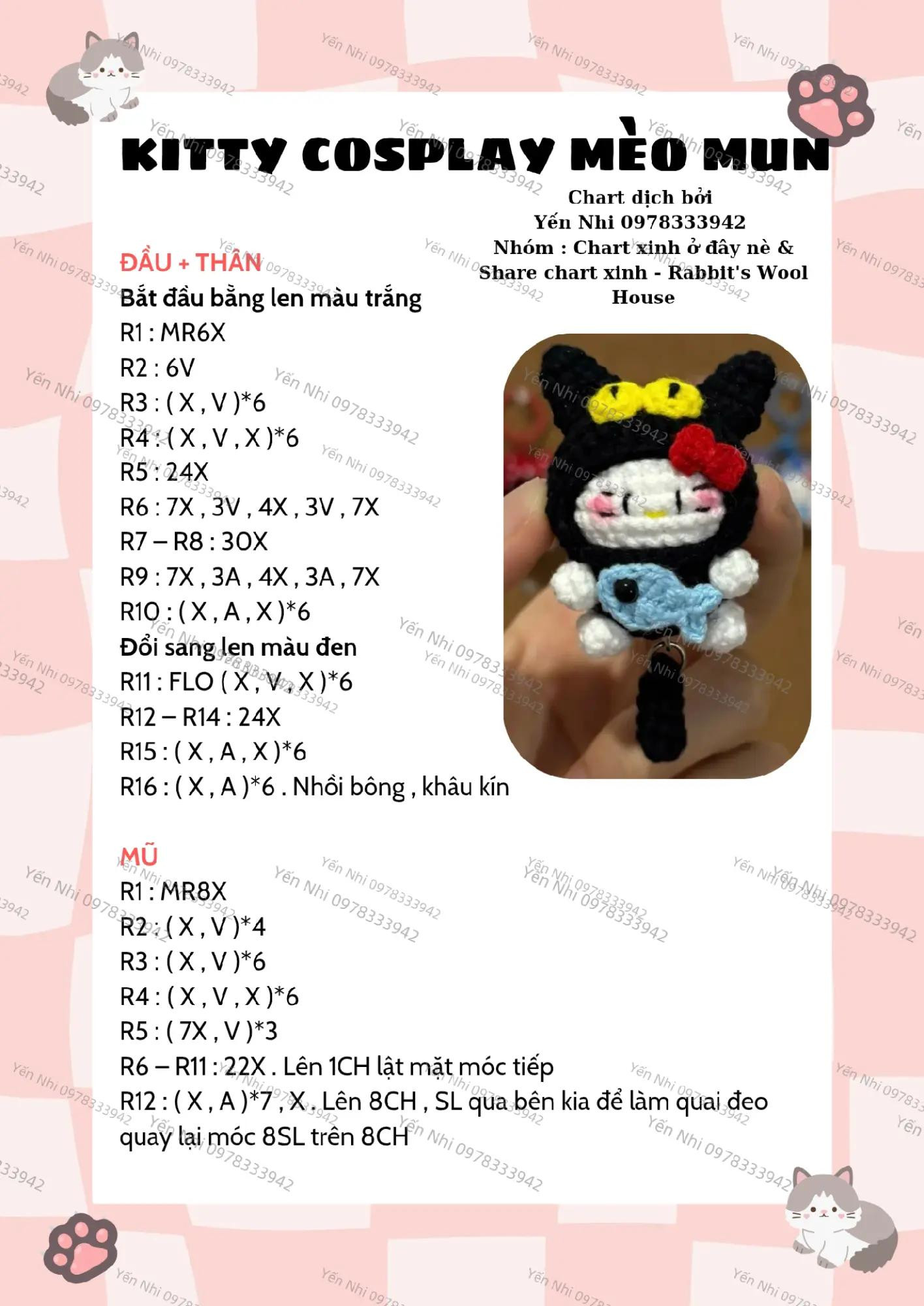 Chart móc len Kitty cosplay bò sữa dễ thương