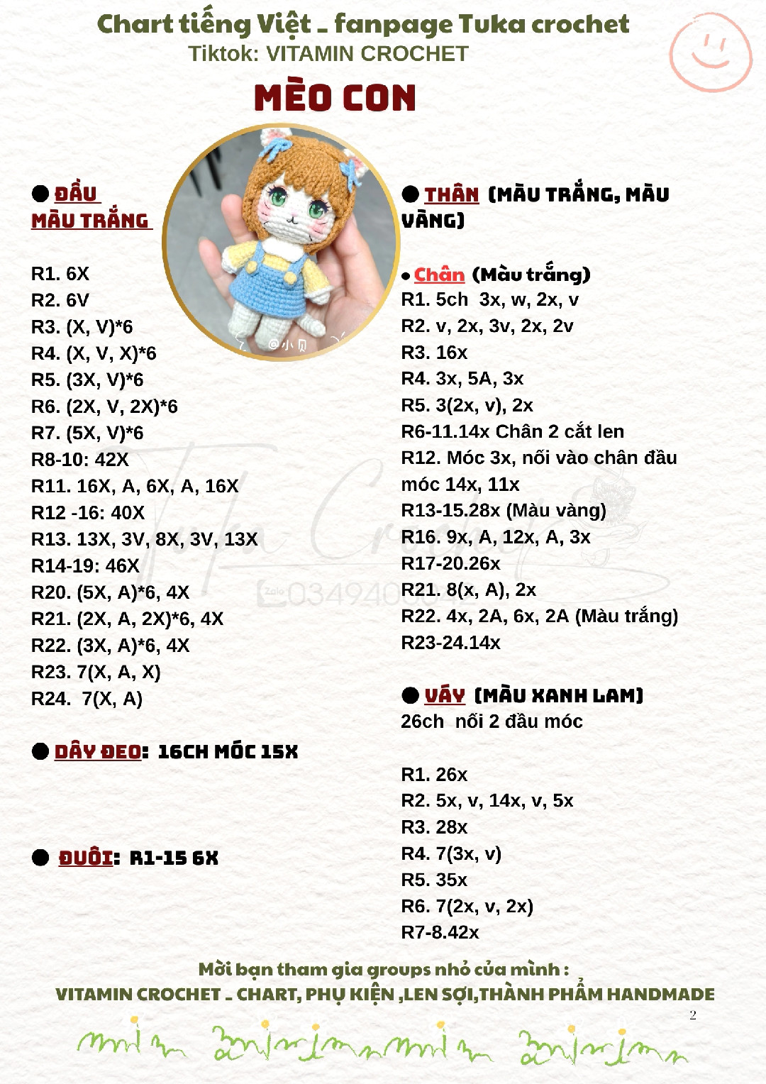 Chart móc len Mèo Con dễ thương cho người mới bắt đầu