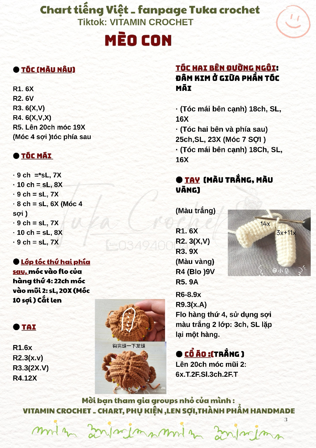 Chart móc len Mèo Con dễ thương cho người mới bắt đầu