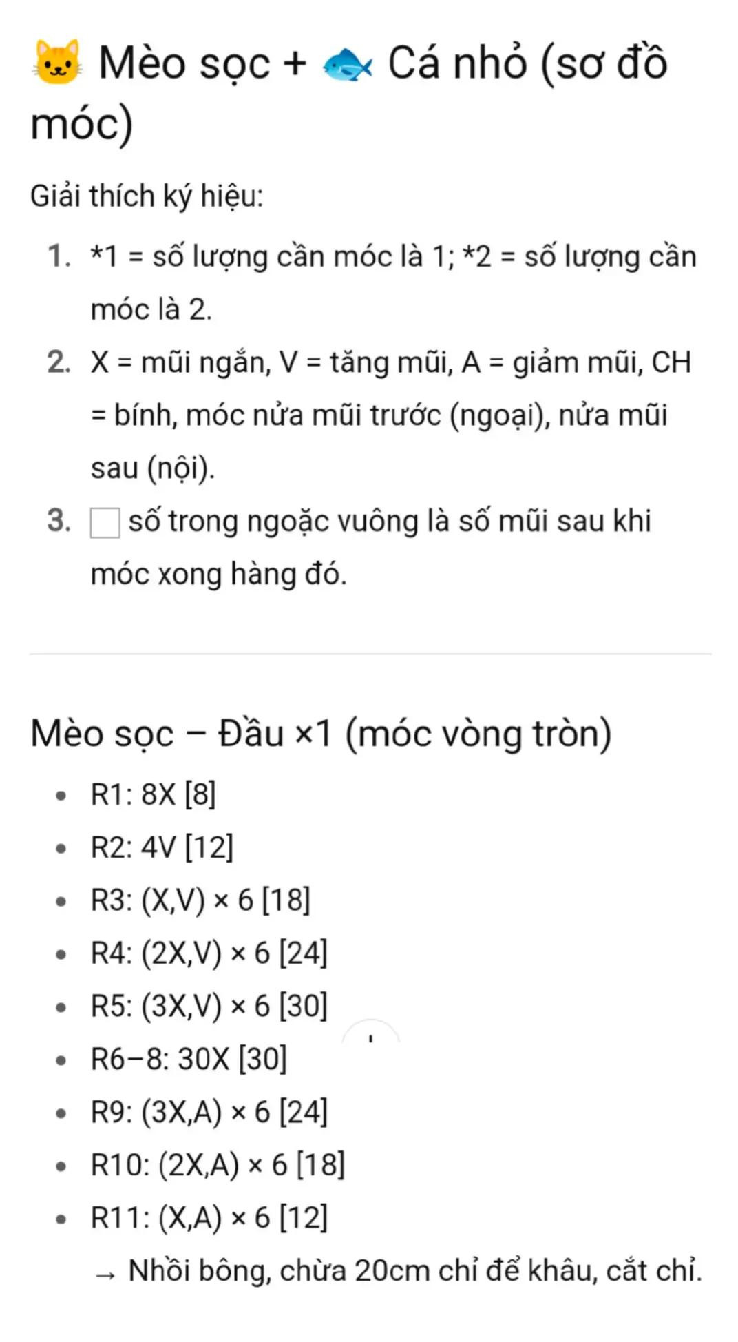 Chart móc len mèo trắng dễ thương và cá nhỏ