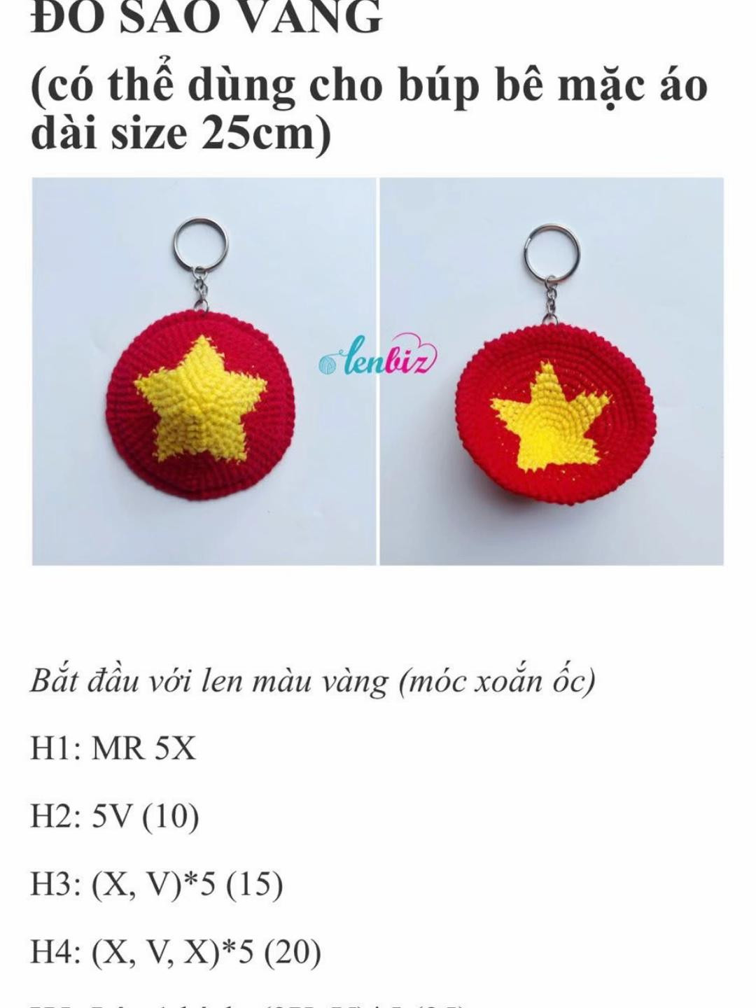 Chart móc len móc khóa ngôi sao vàng trên nền đỏ