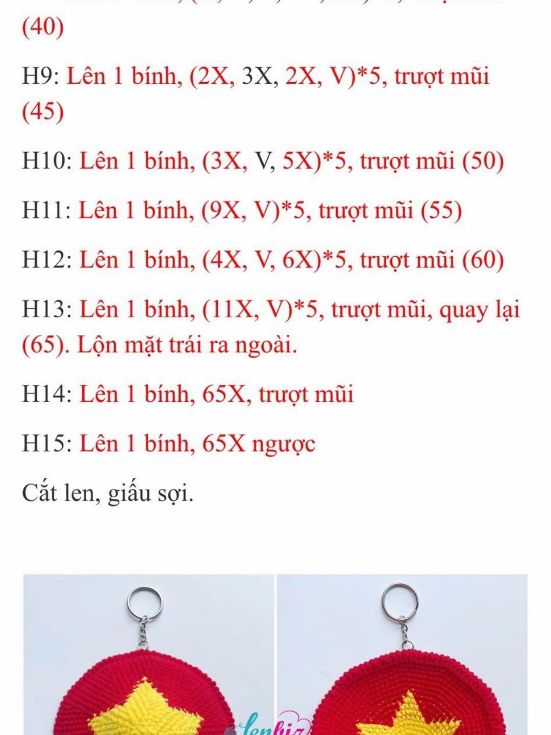 Chart móc len móc khóa ngôi sao vàng trên nền đỏ