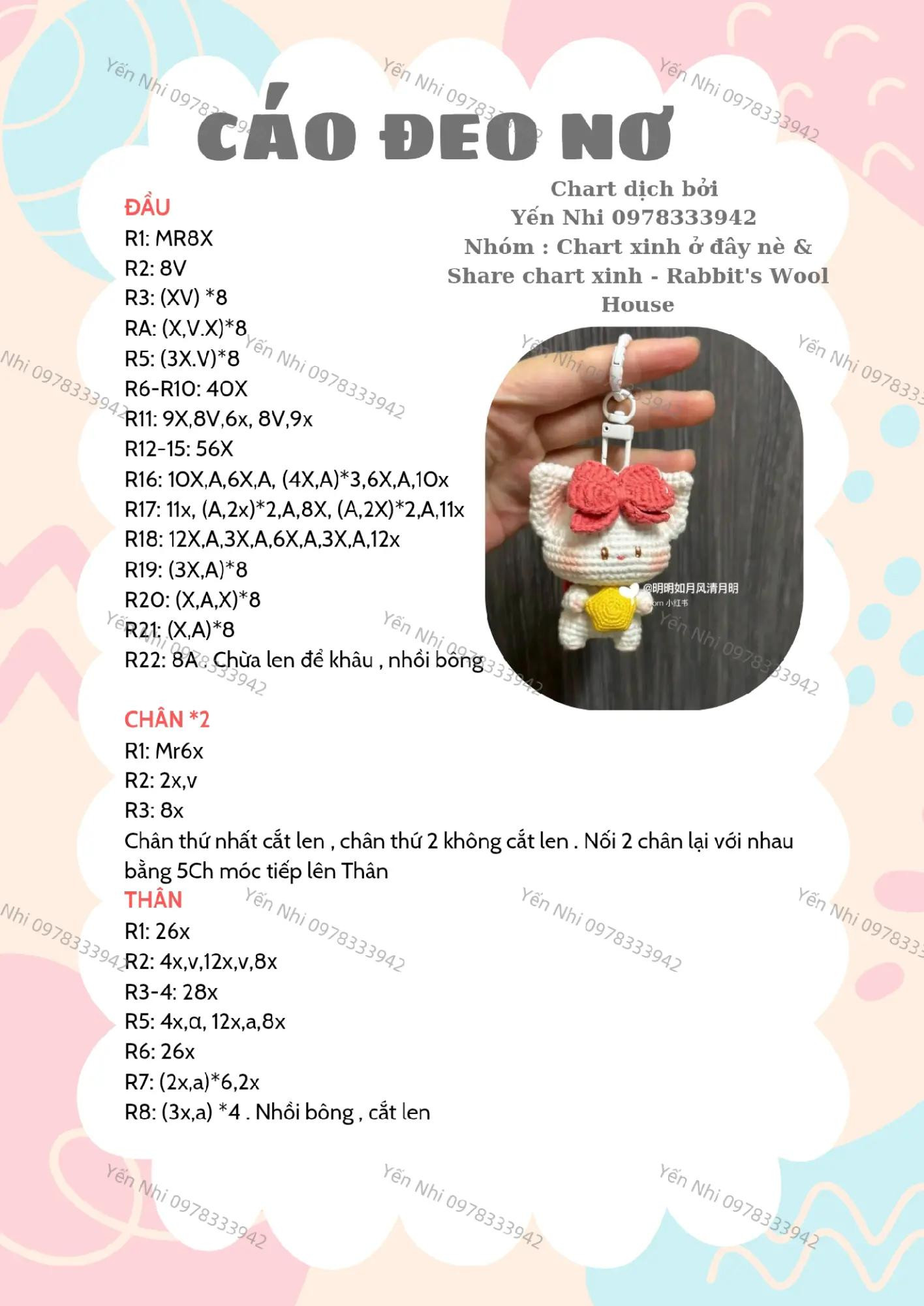 Chart móc len thú bông cáo đeo nơ dễ thương và độc đáo