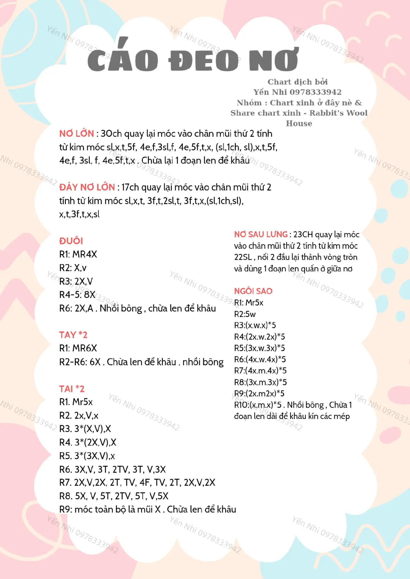 Chart móc len thú bông cáo đeo nơ dễ thương và độc đáo