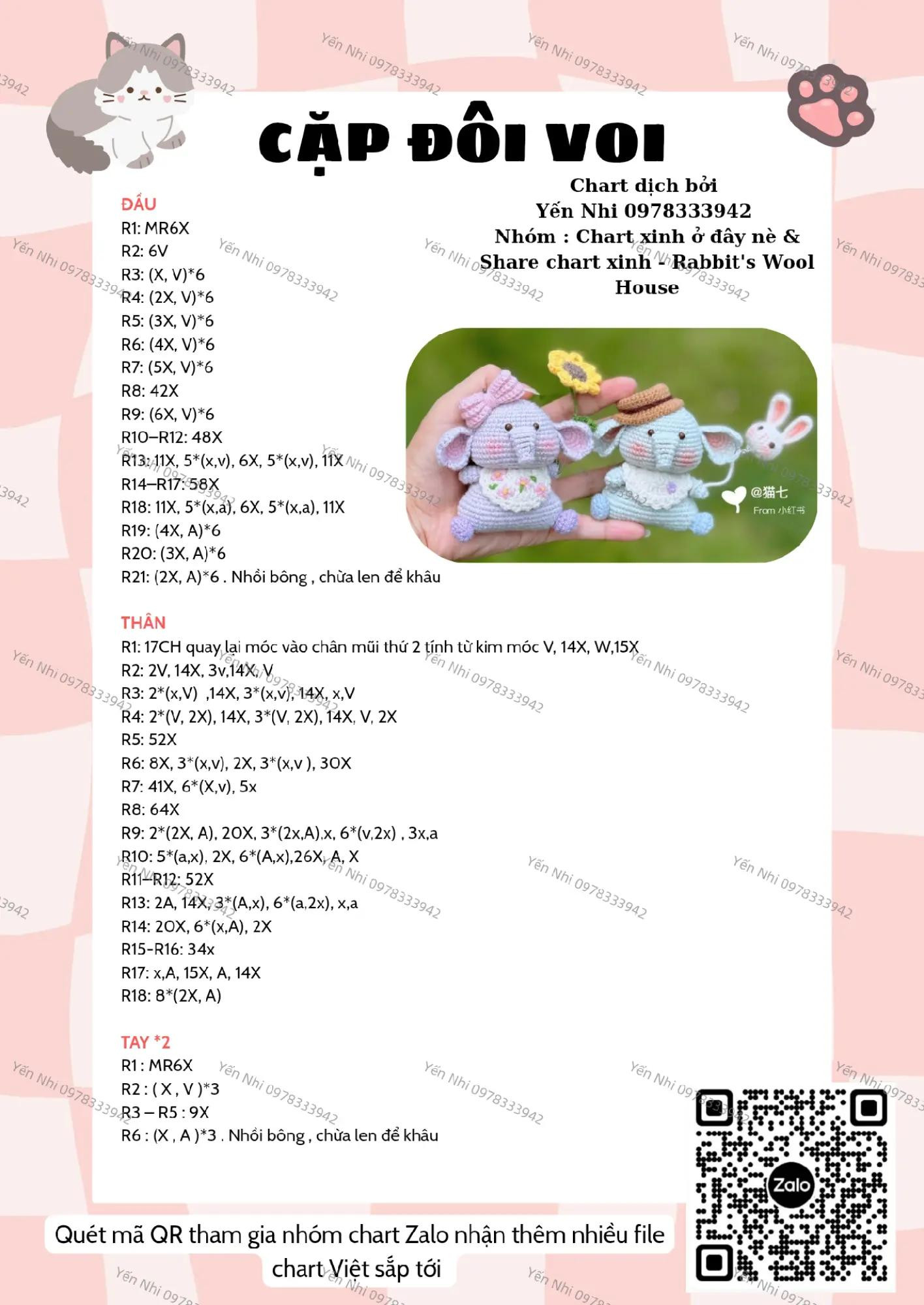 Chart móc len voi dễ thương với nón và hoa