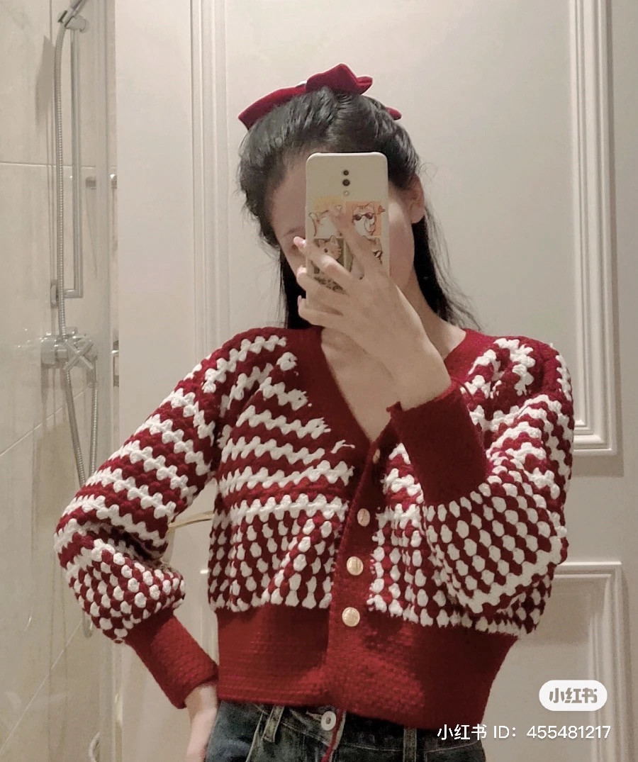 Chic Red and White Crochet Cardigan for Stylish Winter Days
