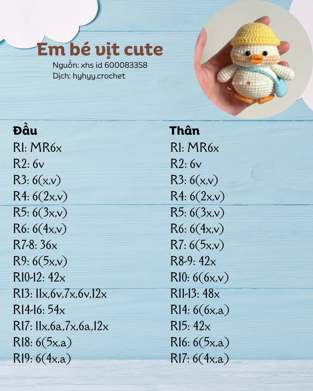 Chú vịt len nhỏ xinh đội mũ vàng cầm túi xanh