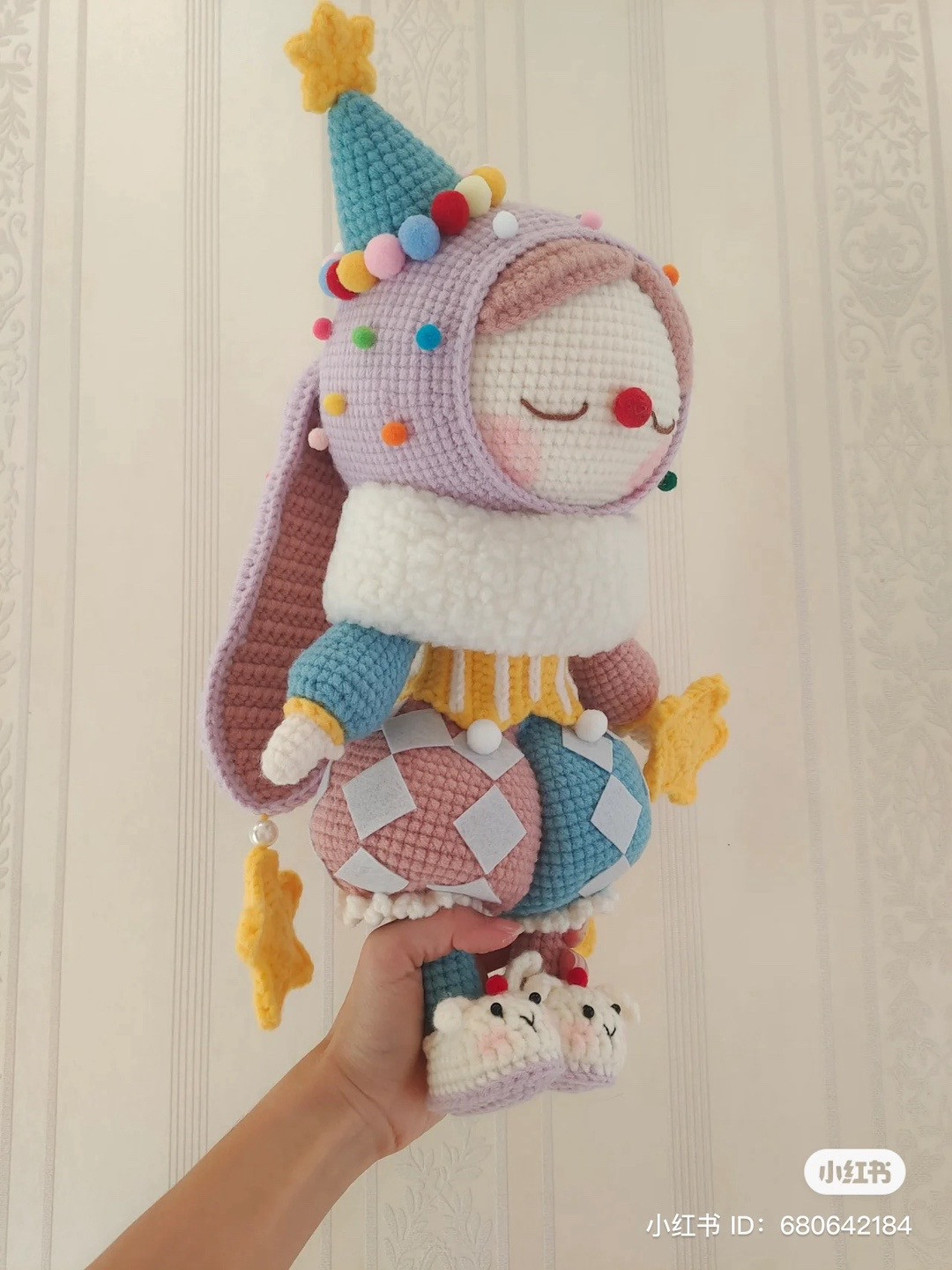 Colorful Crochet Clown Doll with Long Ears and Star Hat