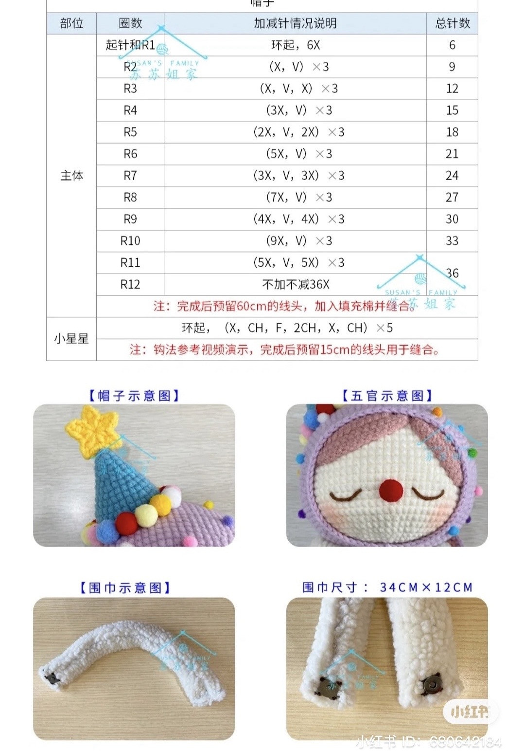 Colorful Crochet Clown Doll with Long Ears and Star Hat