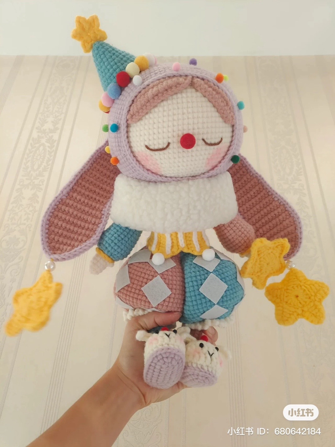 Colorful Crochet Clown Doll with Long Ears and Star Hat