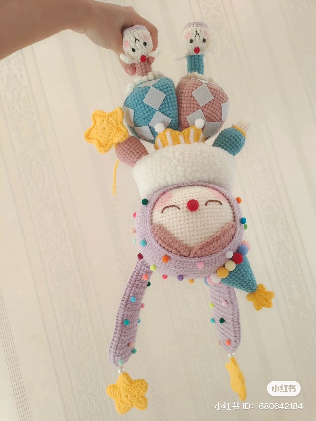 Colorful Crochet Clown Doll with Long Ears and Star Hat