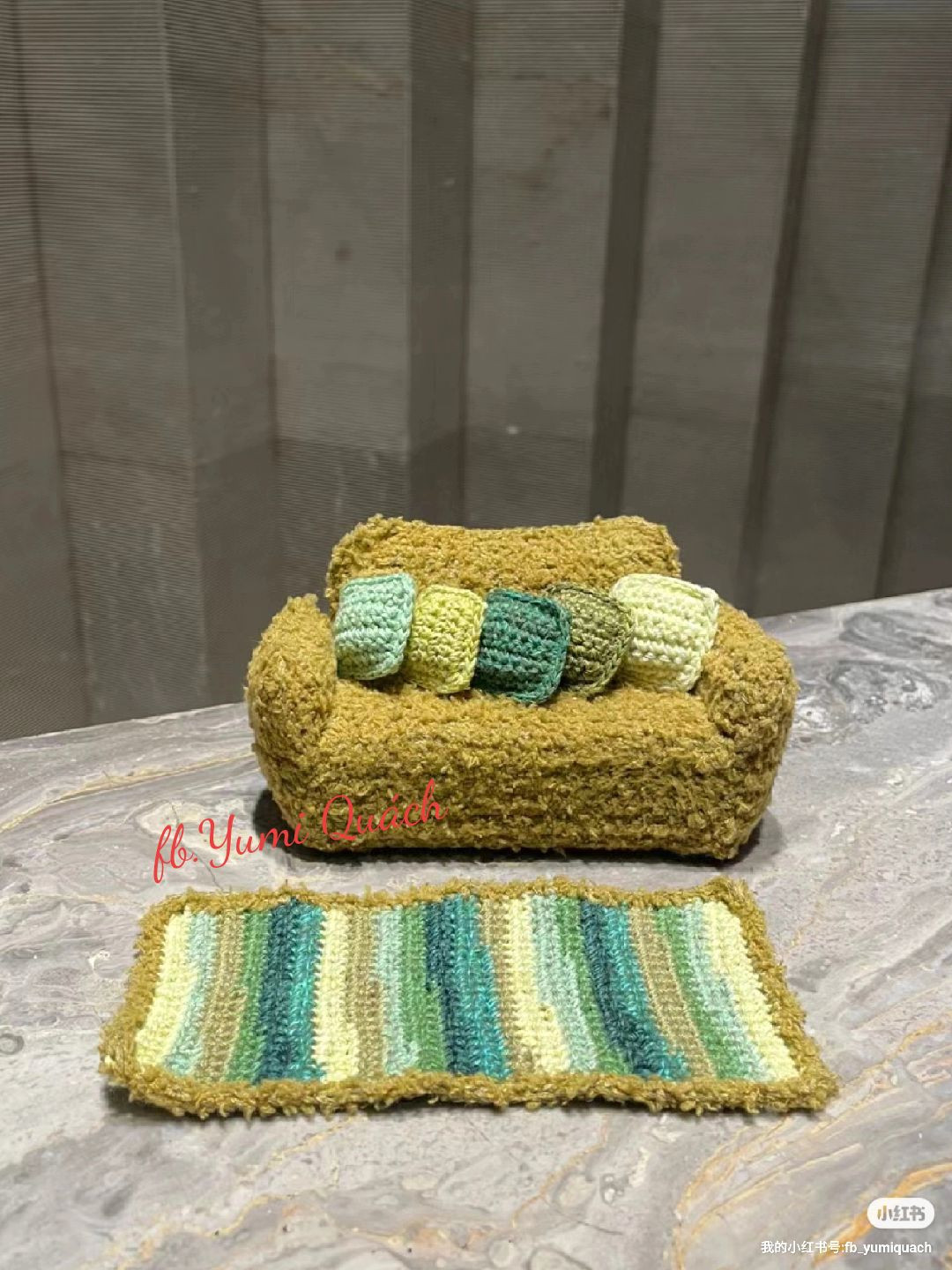 Cozy Crochet Sofa with Colorful Blanket and Miniature Cactus