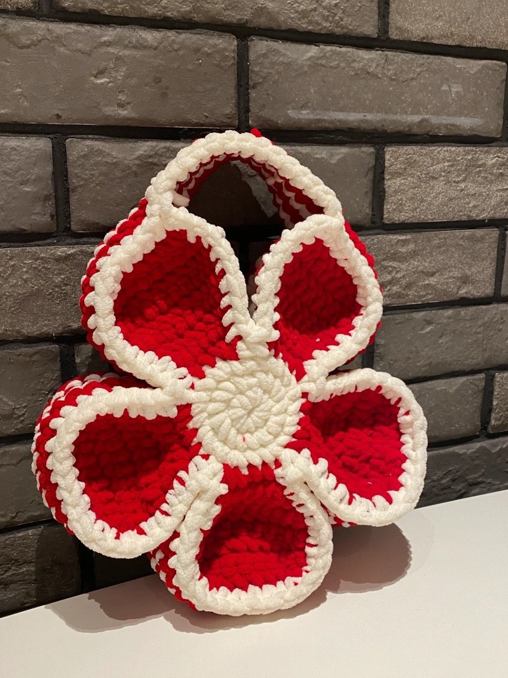 Crochet Bag with Red and White Flower Design