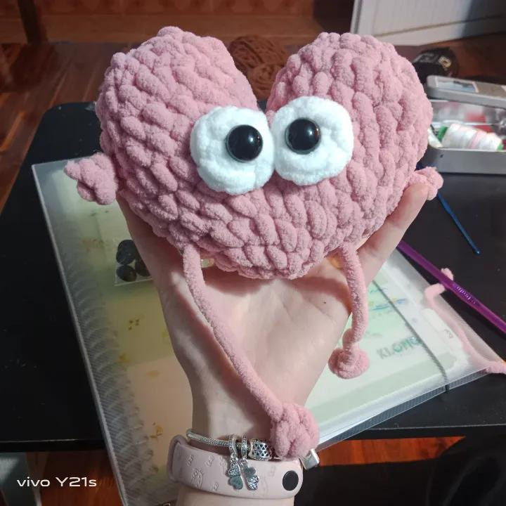 Crochet Cute Pink Heart with Big Eyes and Dangly Legs